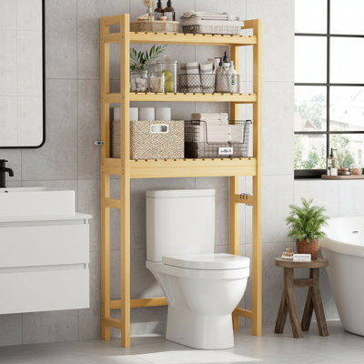 Made Of Natural Bamboo, This Super Durable Three-Tier Toilet Shelf Features Three Hooks. Its Freestanding Design Saves Space, Making It Suitable For Small Bathrooms And Laundry Rooms. Easy To Assemble!