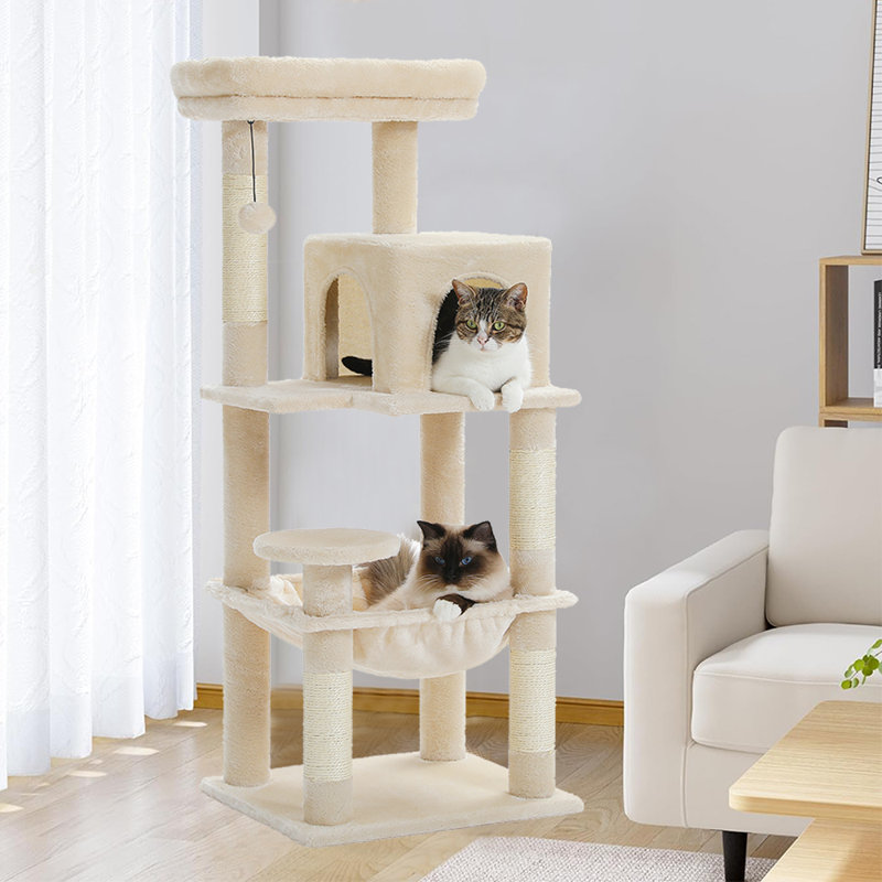 Grand arbre à chat Evleyn pour chat d'intérieur, tour pour chat multi-niveaux avec hamac très grand, Beige