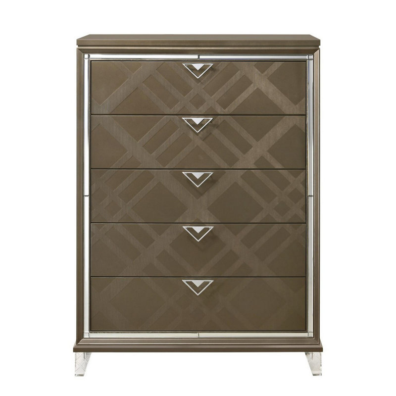 Commode 5 tiroirs Skylar, finition champagne foncé