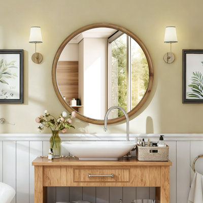 27.6 Inch Round Wood Wall Mirror, Natural Wooden Circle Mirror For Bathroom, Bedroom, And Entryway, Mid-Century Modern Decorative Mirror | Gift Idea