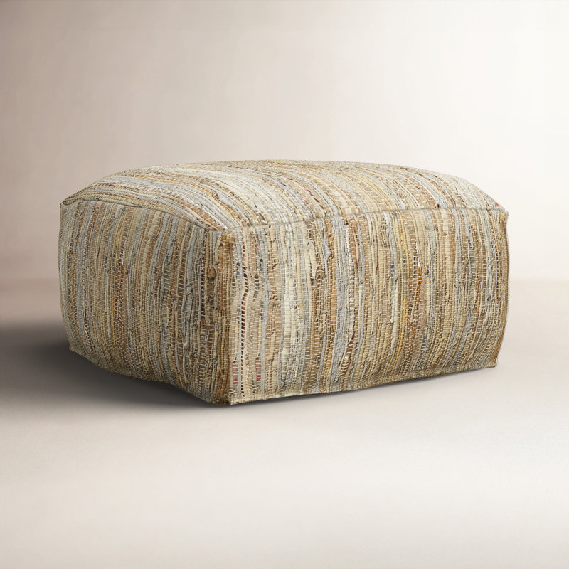 Carden Leather Pouf, Cream Genuine Leather