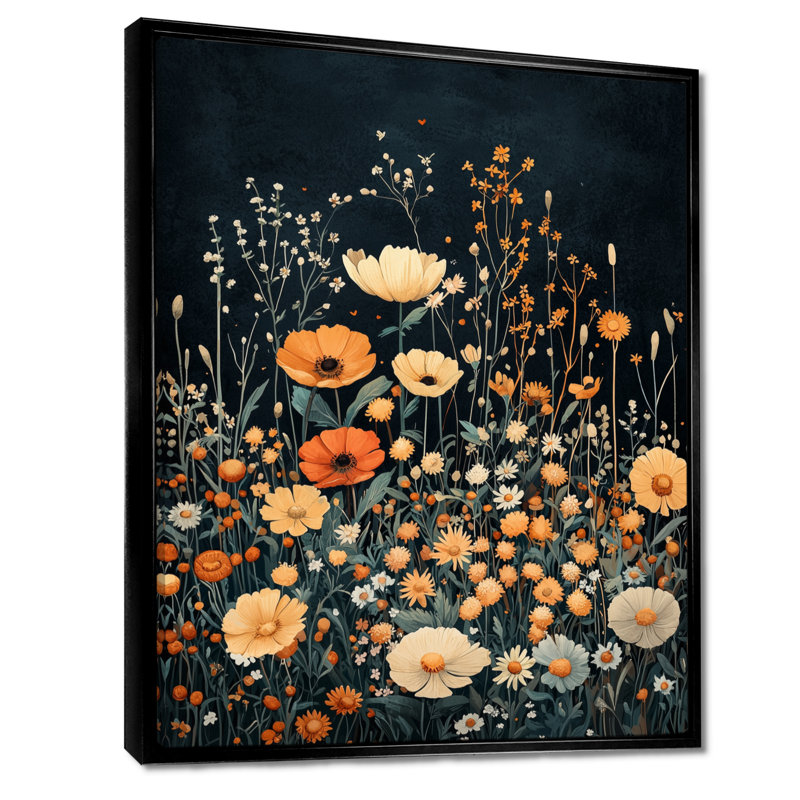 Mullan - Floral Wall Art Living Room, Black, Floater Framed Print, 20" H x 12" W