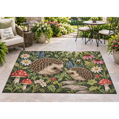 Tapis d'extérieur 152 x 213 cm (5' x 7') à motifs hérisson, champignons et fleurs sauvages, en PVC épais et imperméable, à boucles, idéal pour terrasse, balcon, entrée, VR ou autre espace extérieur. Séchage rapide.