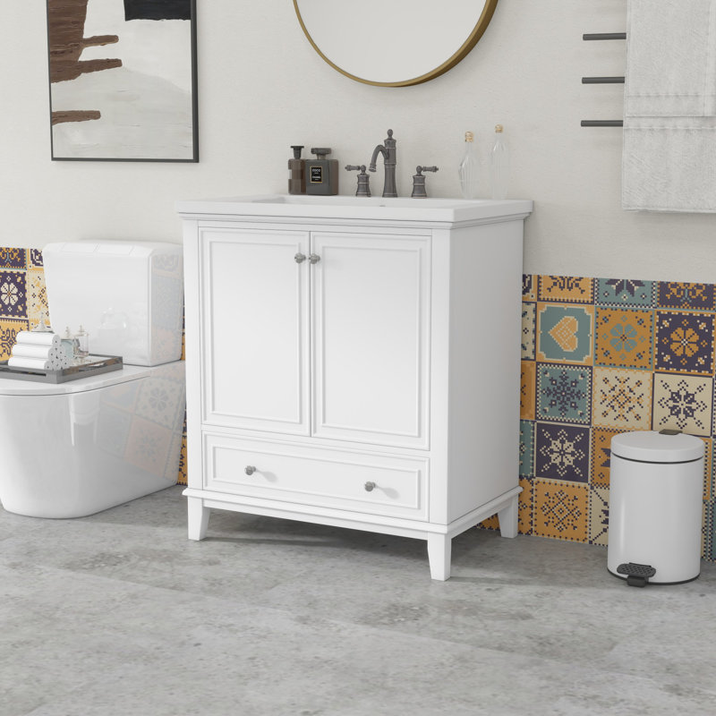 Meuble-lavabo 30 po avec lavabo en céramique, Argent argent, Blanc