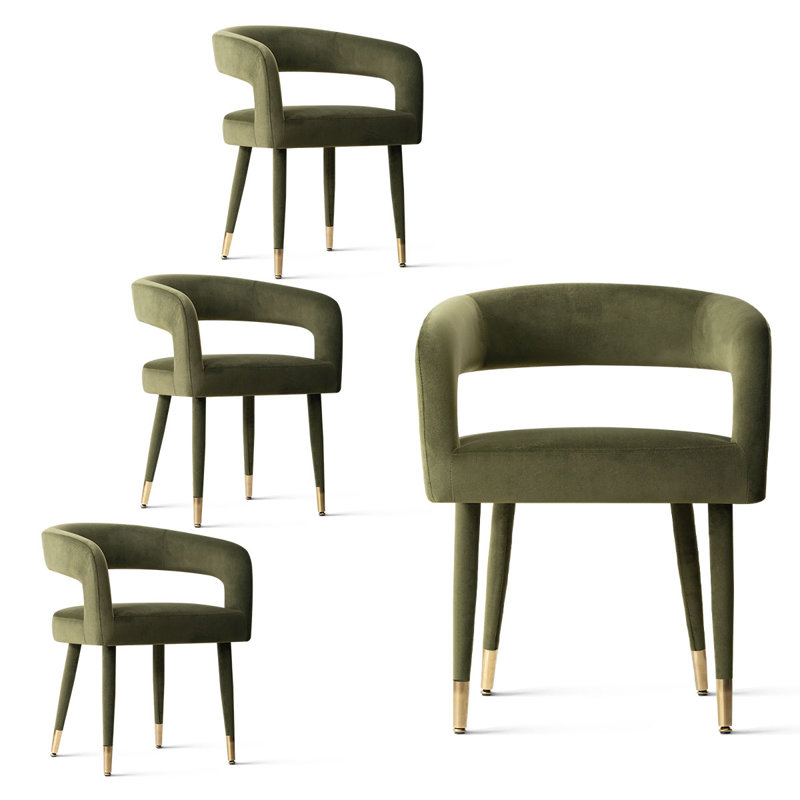 Velvet Upholstered Dining Chairs, Modern Barrel Back Armchairs With Fabric-Wrapped Metal Legs And Gold Caps, Green