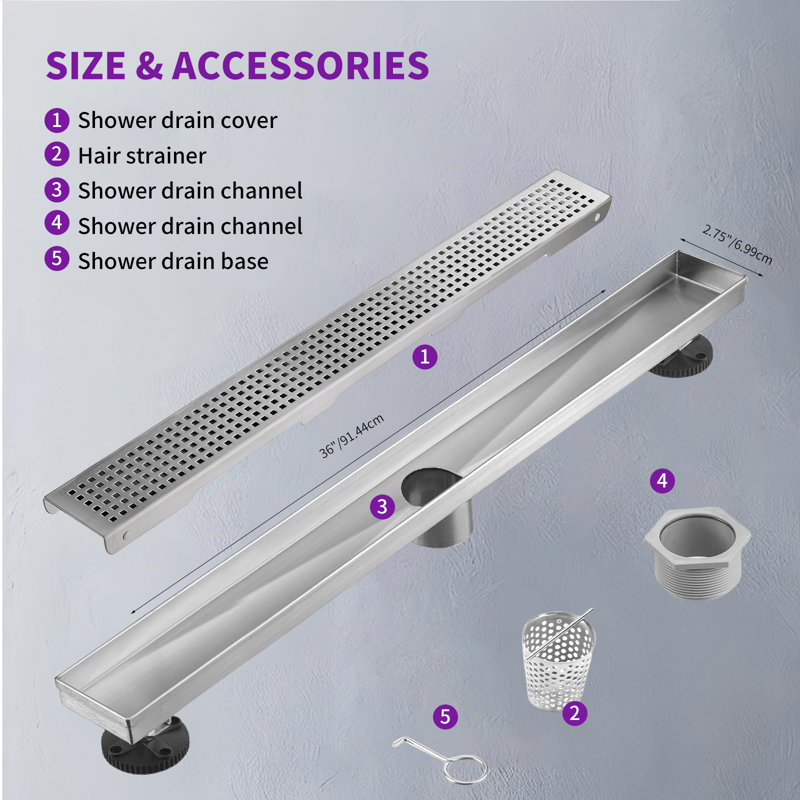 36 In. Shower Drain With 2-In-1 Tile Insert Panel Stainless Steel Linear Drain For Fast Drainage, Brushed Nickel