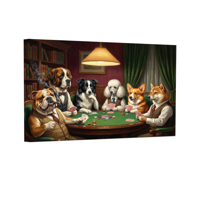 Animaux, chiens, jouer au poker dans une bibliothèque, H 20 po x l 30 po