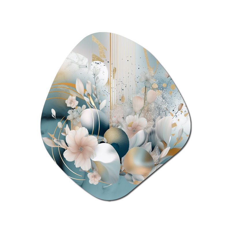 «Blue Marble Gold Floral Impressions III», art mural floral asymétrique en métal, reproduction de sculpture murale en forme unique