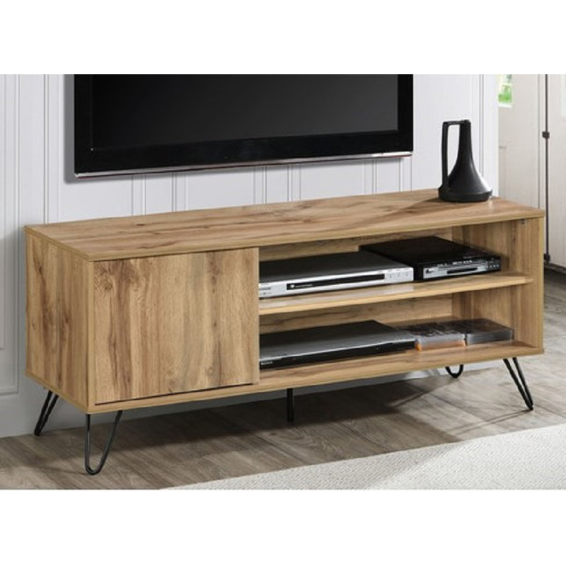 Meuble télé moderne, console multimédia pour téléviseur de 50 à 55 po avec 2 tablettes et armoire, Chêne