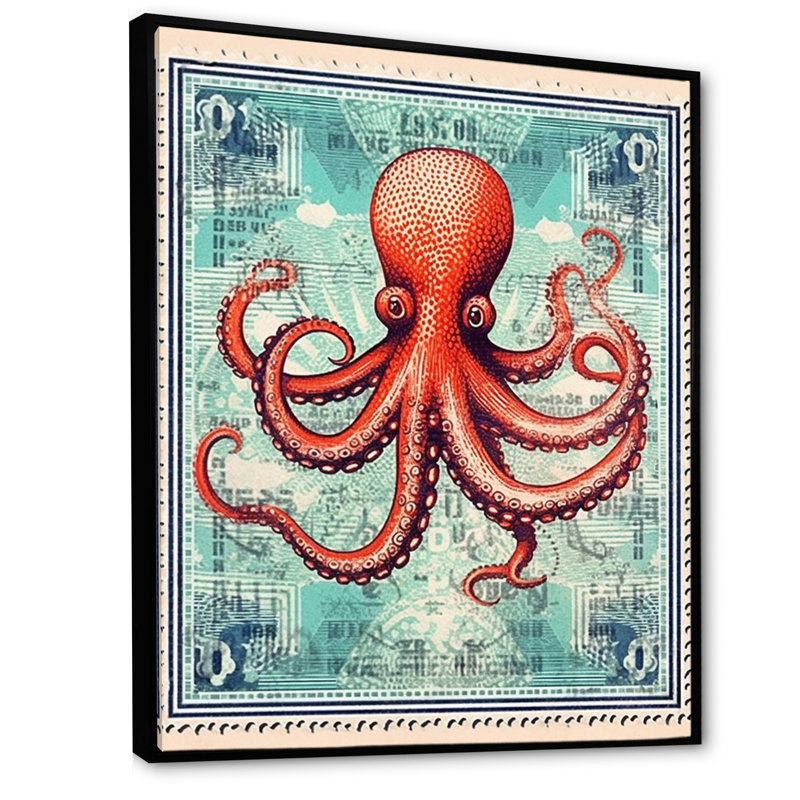 Timbre rétro, portrait d'une pieuvre rouge, H 20 po x l 12 po x P 1 po, Cadre flottant noir