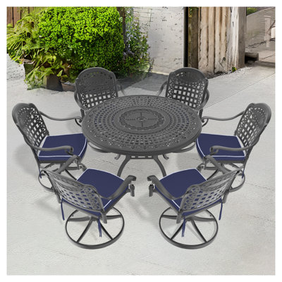 7-Piece All-Weather Cast Aluminum Outdoor Dining Set with 6 Swivel Chairs and Table, Black