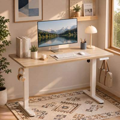Bureau assis-debout électrique réglable en hauteur de 112 cm (44 po) de large avec 4 positions mémorisables et crochets, idéal pour le télétravail et les jeux vidéo.