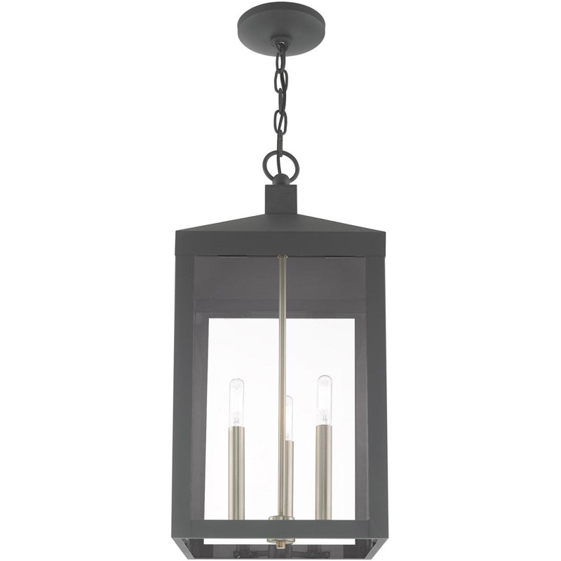 3 Light Outdoor Pendant Lantern with Clear Glass Shade, Scandinavian Gray/Nickel, 24" H x 10.5" W x 10.5" D