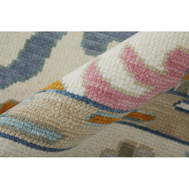 Karina Hand Knotted Wool Floral Area Rug in Ivory/Blue/Green/Orange, Rectangle 7'9" x 9'9"