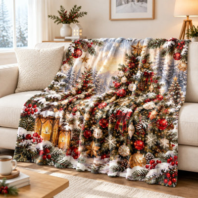 Cozy Christmas Tree Snow Scene Blanket, Festive Winter Holiday Decorative Throw for Sofa Couch Bedroom Living Room Home All Seasons