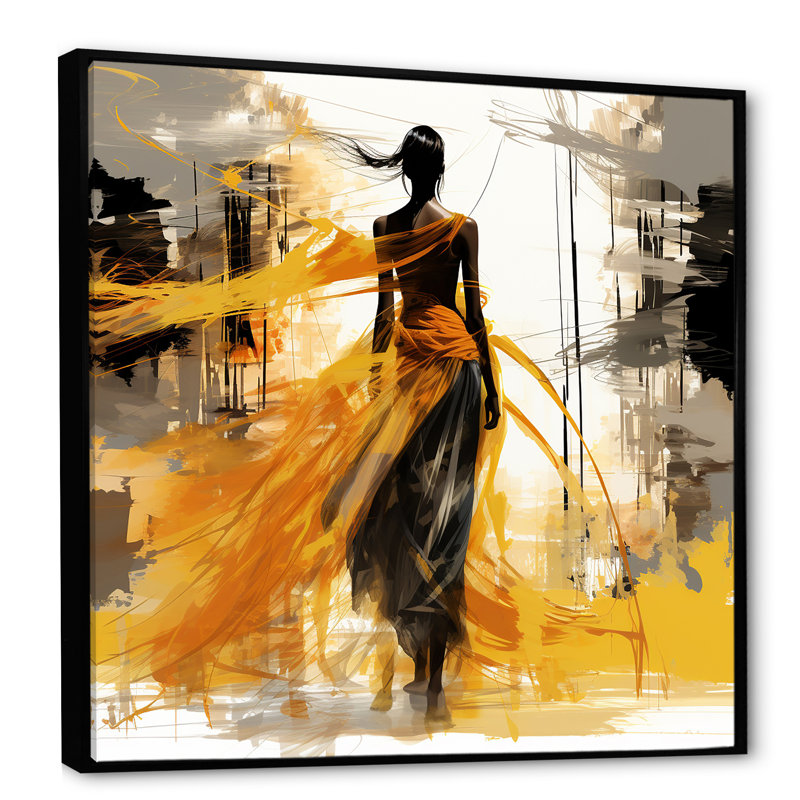 Femme noire et jaune avec vent - Illustration de mode, impressions encadrées, H 36 po x l 36 po x P 1,5 po