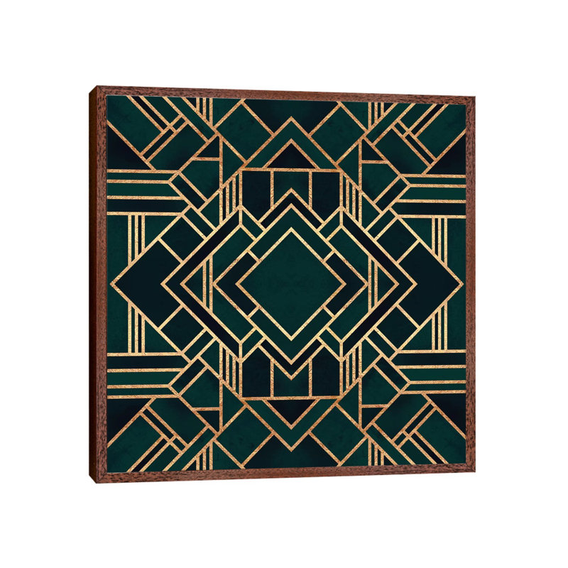 Art Deco III by Elisabeth Fredriksson - Print on Canvas, 45.72 cm H x 45.72 cm W, Brown Floater Framed, Green/Black/Gold