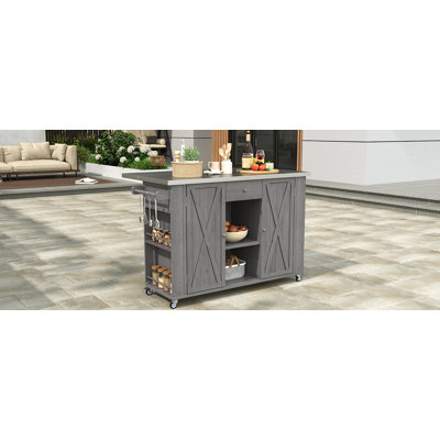 Outdoor Kitchen Island Fir Wood Kitchen Island with Stainless Steel Top, Ample Storage Space, Towel and Spice Racks and a Bottle Opener for Outdoor, Grey Grey + Garden & Outdoor + American Design + Wood + Stainless Steel