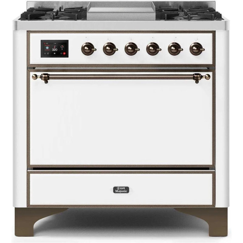 Cuisinière à double combustible 36 pouces avec 6 brûleurs scellés et plaque chauffante ILVE Majestic II Series (porte pleine)