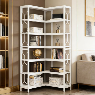 Blanc Nordic 7, tablette d'angle, panneau de métal et de particules, forme hexagonale, côté, maximiser l'espace, structure, assemblage rapide, 23,36 po de largeur, profondeur, 77,96 de hauteur, 7 tablettes, blanc, bibliothèque avec espace