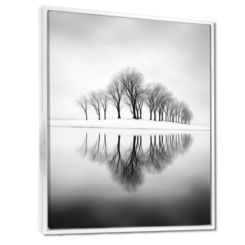 «Black Winter Tree Silhouettes On Lake Island - River», art mural, Cadre flottant noir, bois massif, H 20 po x l 12 po