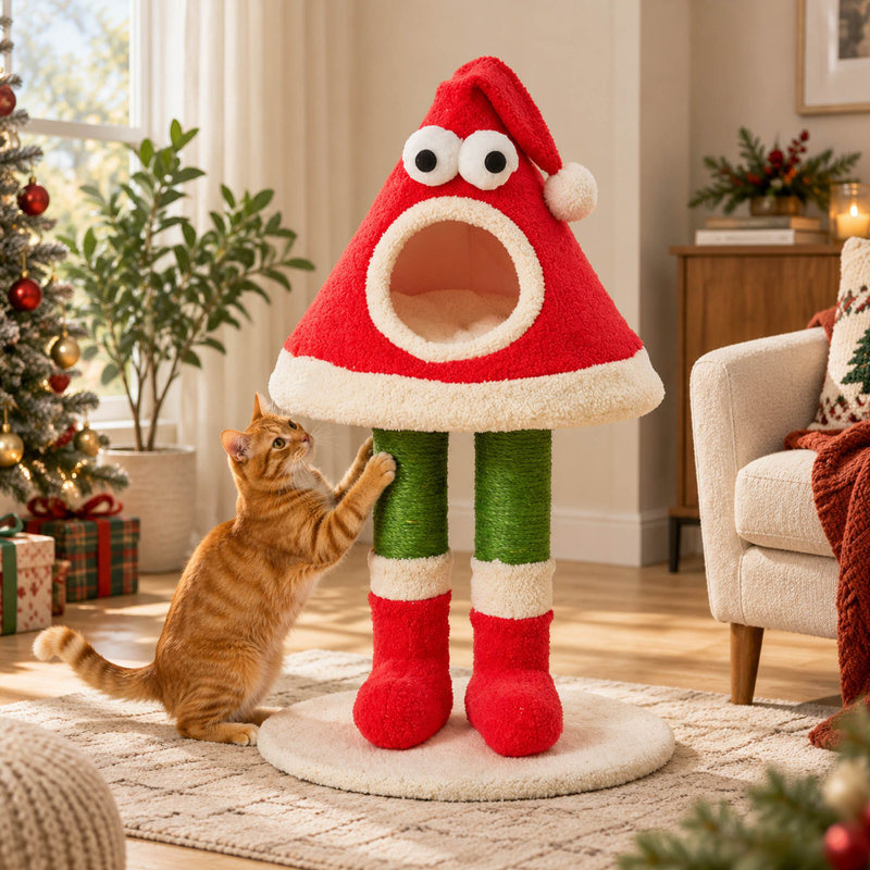 Arbre à chat de Noël avec poteaux à griffer en sisal et lit en peluche, motif de chapeau de père Noël, rouge