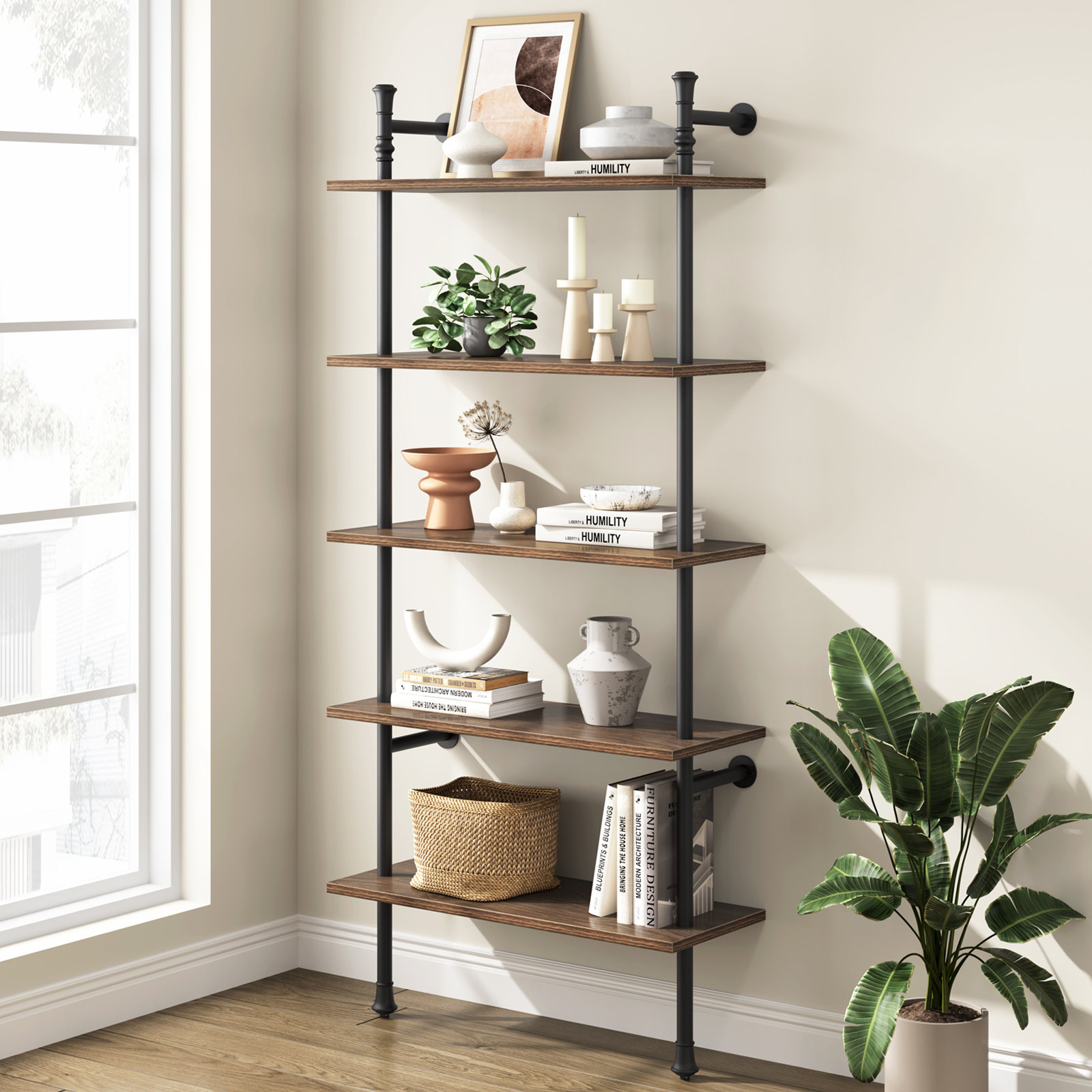 5 Tier Bookshelf, Tall Bookcase Shelf Storage Organizer, Vintage Industrial  Book Shelf for Bedroom, Living Room and Home Office, Solid Wood Bookshelf,  Metal Frame with MDF Board, Brown 