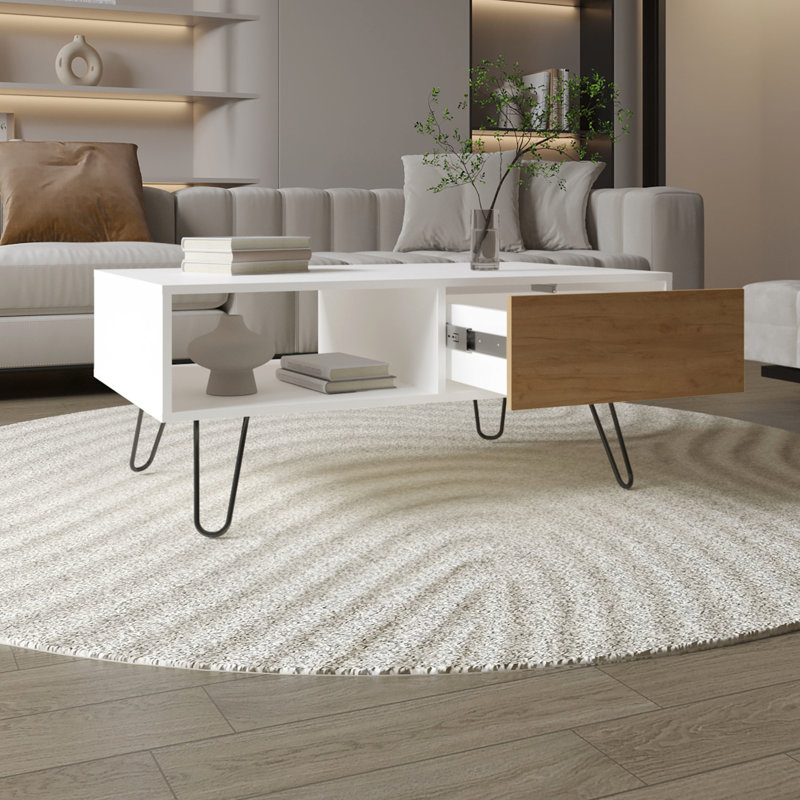 Table basse de salon moderne, rectangulaire avec tiroir et tablette d'extension, blanc - chêne naturel