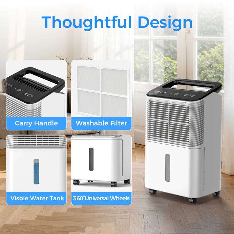 Déshumidificateur Kloudic pour 50 pintes pour la maison, les sous-sols, les grandes pièces, les salons, jusqu'à 50 pintes par jour, jusqu'à 4000 pieds carrés, 3 modes, 40db silencieux, réservoir de 2,5 litres, contrôle automatique de l'humidité, tuyau d'évacuation inclus