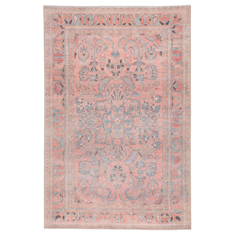 Machine Washable  Oriental Pink/Light Blue Area Rug, Rectangle 6' x 9'