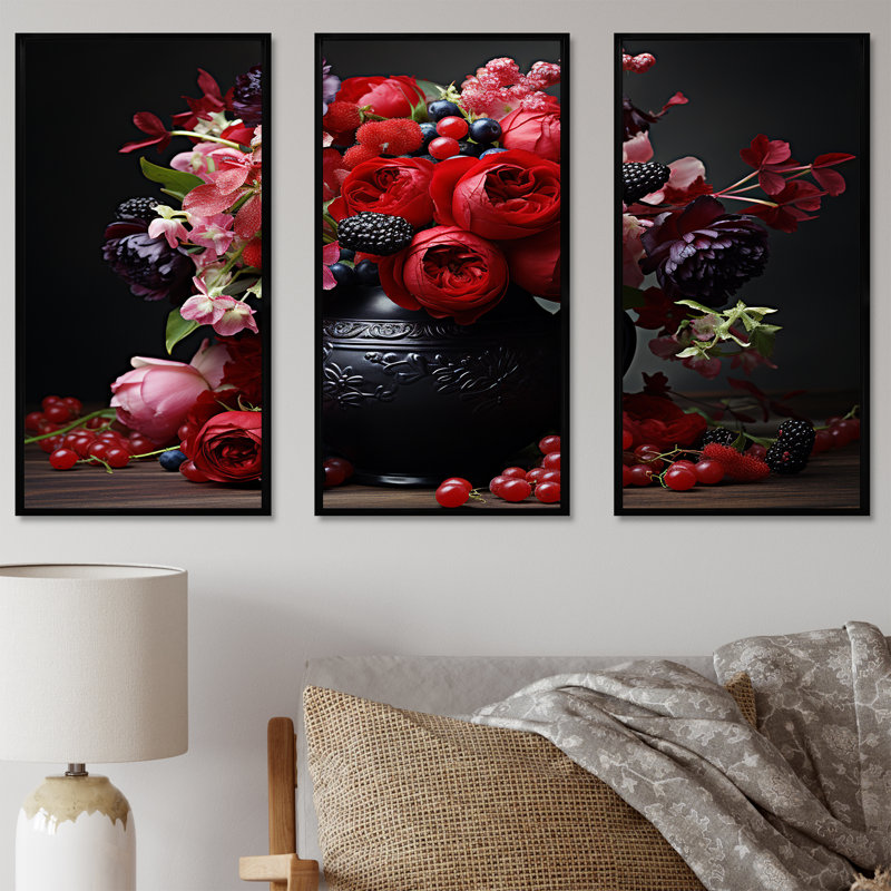 Décoration florale rouge en pot de style gothique - Boho Pottery, Cadre flottant noir, H 28 po x l 36 po