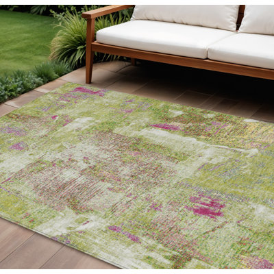 Tapis extérieur lavable abstrait vert lime ivoire et rose 10 pi x 14 pi