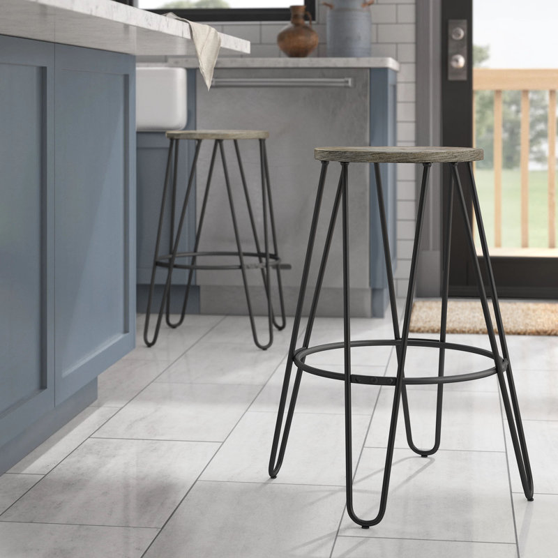 Simeon 26" Natural Wood and Black Metal Backless Counter Stools