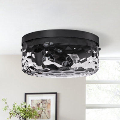 12''-3 Lights Matte Black Modern Metal And Glass Drum Dimmable Flush Mount Lighting For Bedroom