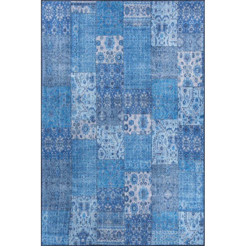 Tapis décoratif tissé bleu à patchwork, Rectangle 3 pi 10 po x 5 pi 3 po