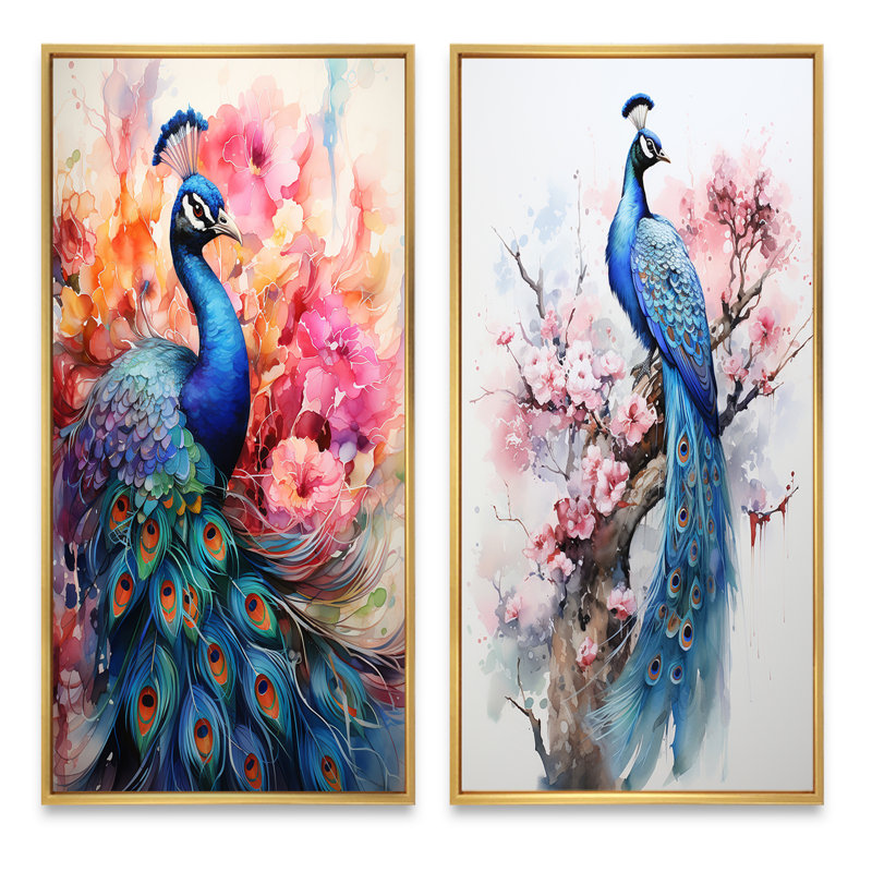" Blue Pink Peacock Watercolor " 2 Piece Art Set, Gold Framed, 24" H x 20" W