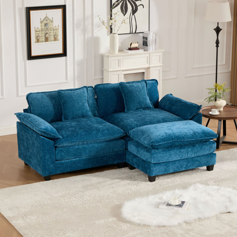 Grid L Shaped Modular Sectional Sofa, Oversized Cloud Couch With Ottoman, Blue Chenille, 33" H X 82" W X 30" D