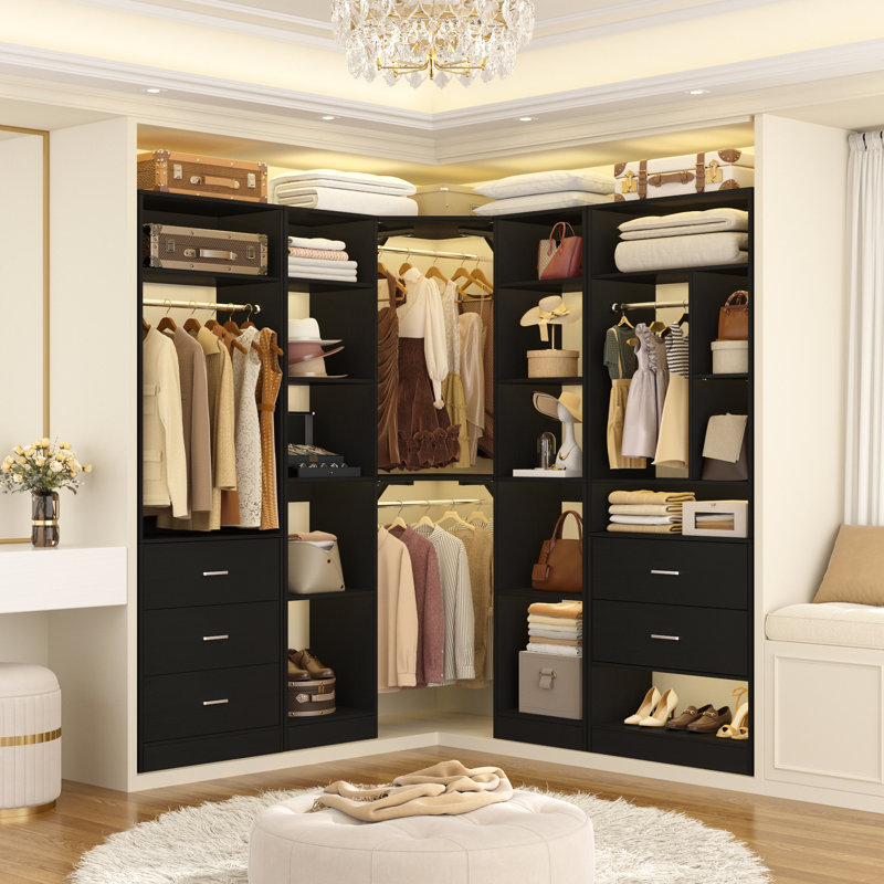 Freestanding Corner Closet Organizer 87.2" L x 39.2" W x 80" H with 5 Drawers and 12 Shelves, Black