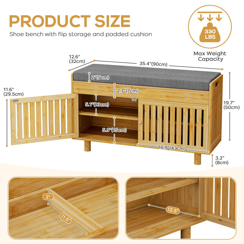 Banc de rangement pour chaussures, banc d'entrée en bambou