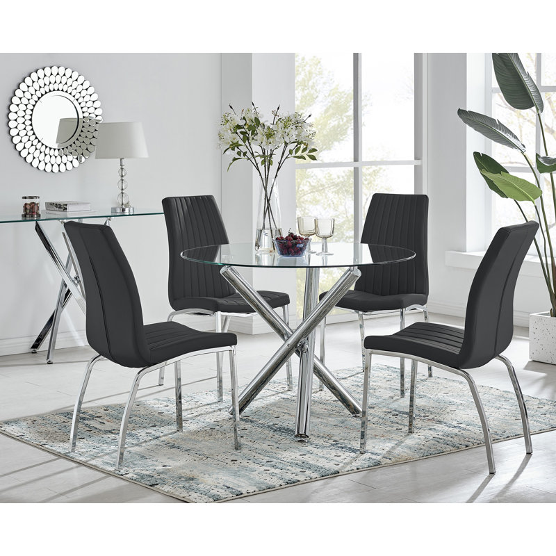 Seline Modern Round Dining Table Set in Glass and Chrome with 4 Soft Touch Faux Leather Chairs, Black