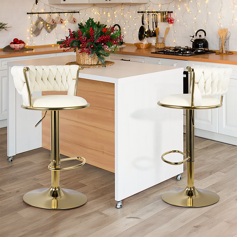Luxury Gold & Tufted Bar Stools - Adjustable Height, Stylish Kitchen/Bar Seating, Beige