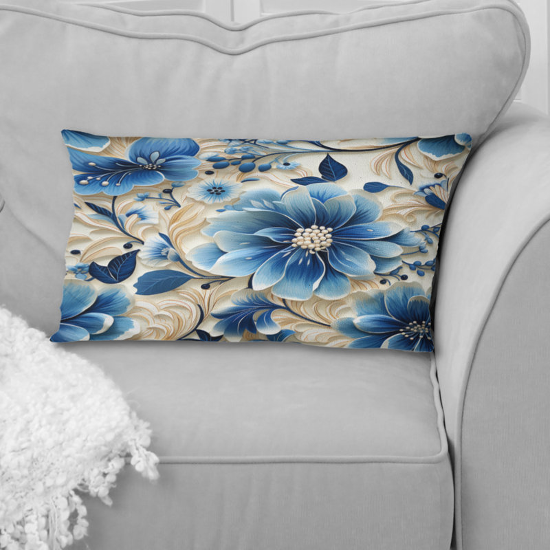 «Blue and White Flowers Retreat II» - Coussin décoratif à imprimé floral