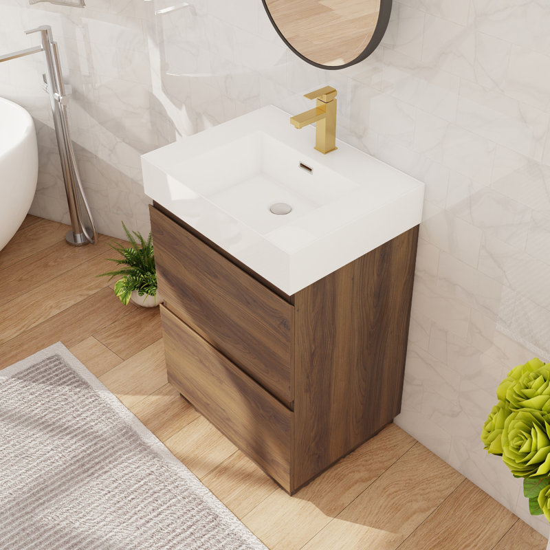 Ensemble de meuble-lavabo sur pied simple 24 po, meuble-lavabo sur pied avec lavabo en résine, 2 tiroirs, Brun, 24"
