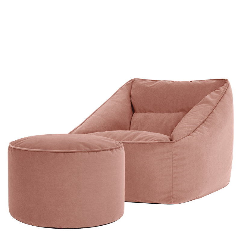 icon Natalia Velvet Adults Bean Bag Armchair and Pouffe, Ready Filled Large Beanbag and Footstool Forest Green, Dusk Pink