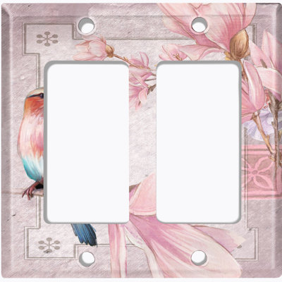 Pink Magnolia Flowers Blossom Blue Jay Bird 2-Gang Rocker Wall Plate