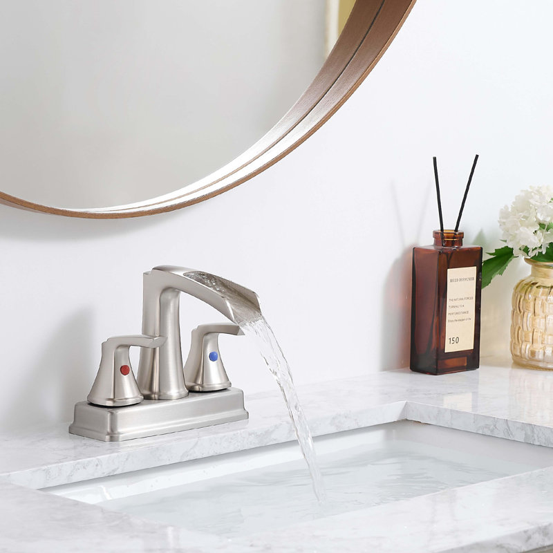 Bathroom Faucet - 4 Inch Centerset Waterfall Faucet With 2 Handles, 360 Degree Swivel Spout, 3 Hole Sink, Pop Up Drain