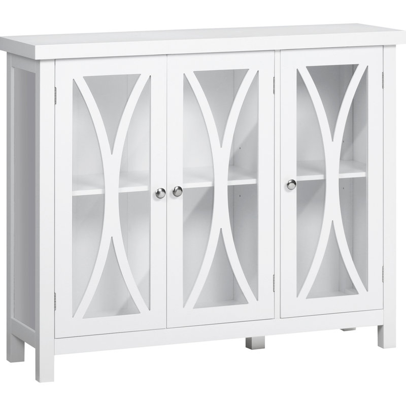 Buffet de salle à manger, buffet avec base stable, buffet blanc, tablette de rangement réglable blanche, portes en verre à motif géométrique