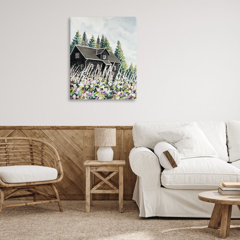 Art mural sur toile, "Cabin Hidden By Garden Blooms", conception par Cindy Jacobs, H 40 po x l 30 po