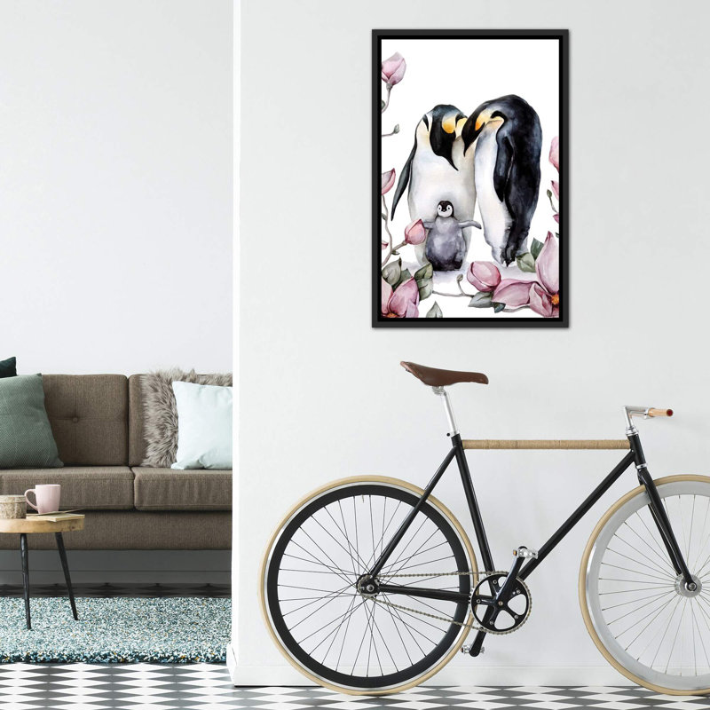 Décoration murale pingouins pour enfants, H 26 po x l 18 po x 1,5 po, Toile encadrée noir délavé