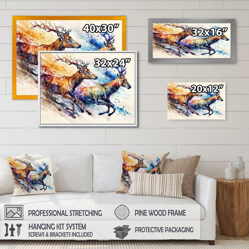 " Deers Running ", 20" W x 12" H, Gold Picture Framed Canvas
